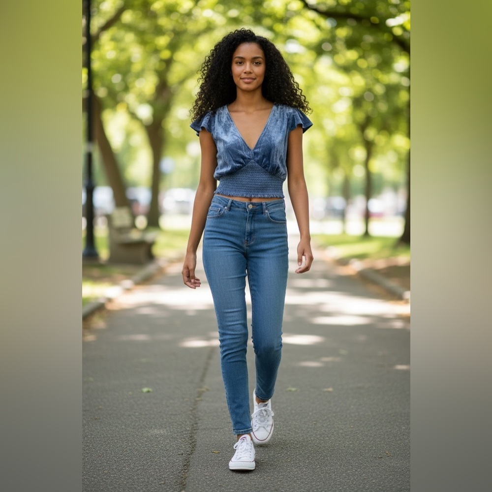 Aerie Blue Puff Sleeve Smocked Crop Top